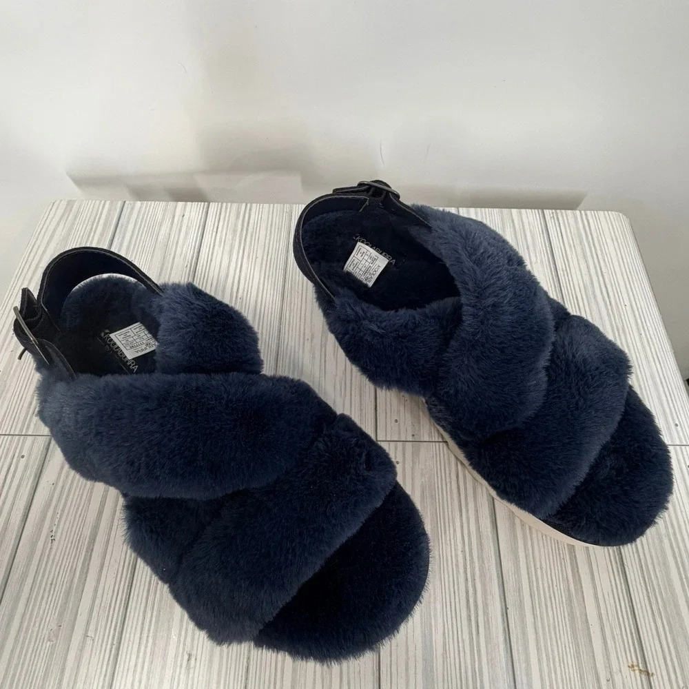 Koolaburra by‎ UGG Furr-Ah Navy Blue Faux Fur Slingback Platform Sandals Size 9